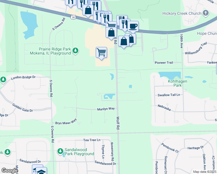 map of restaurants, bars, coffee shops, grocery stores, and more near 21536 Wolf Road in Mokena