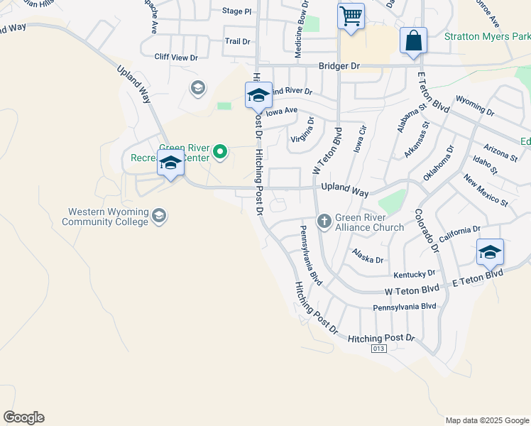map of restaurants, bars, coffee shops, grocery stores, and more near 2165 Hitching Post Drive in Green River