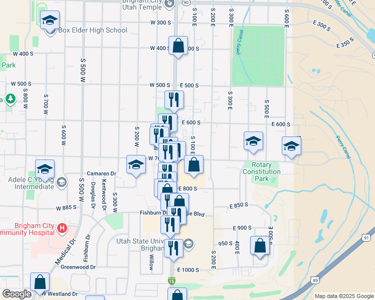 map of restaurants, bars, coffee shops, grocery stores, and more near 21 East 700 South in Brigham City