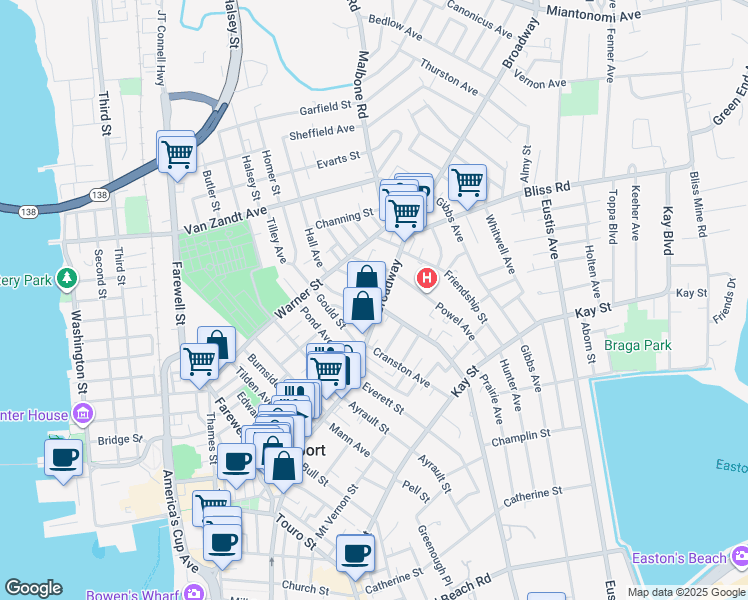 map of restaurants, bars, coffee shops, grocery stores, and more near 232 Broadway in Newport