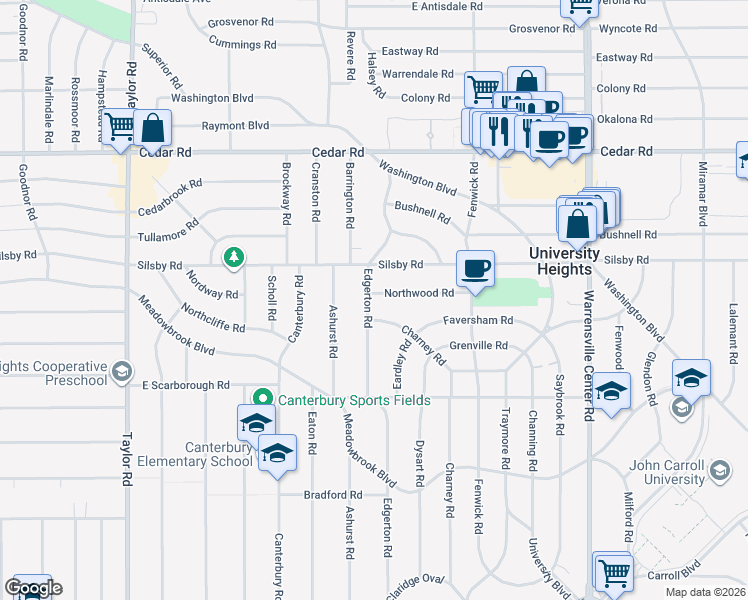 map of restaurants, bars, coffee shops, grocery stores, and more near 2332 Edgerton Road in University Heights