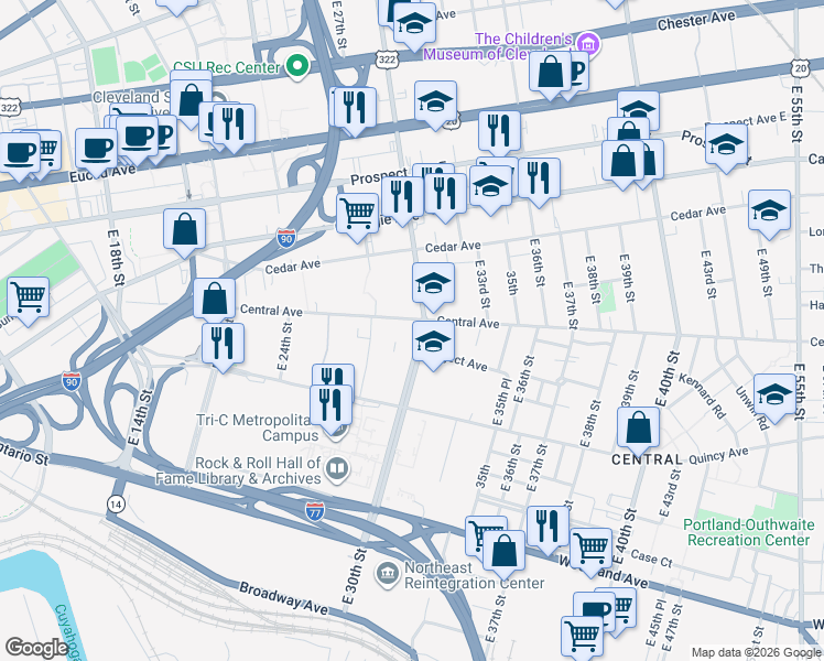 map of restaurants, bars, coffee shops, grocery stores, and more near 2876 Central Avenue in Cleveland