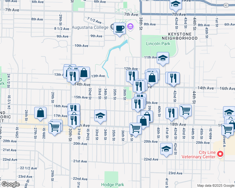 map of restaurants, bars, coffee shops, grocery stores, and more near 1501 35th Street in Rock Island