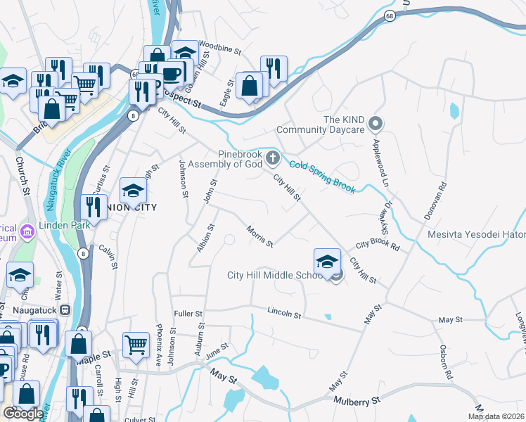 map of restaurants, bars, coffee shops, grocery stores, and more near 92 Alma Street in Naugatuck