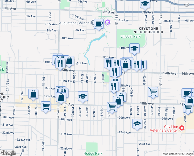 map of restaurants, bars, coffee shops, grocery stores, and more near 1501 35th Street in Rock Island