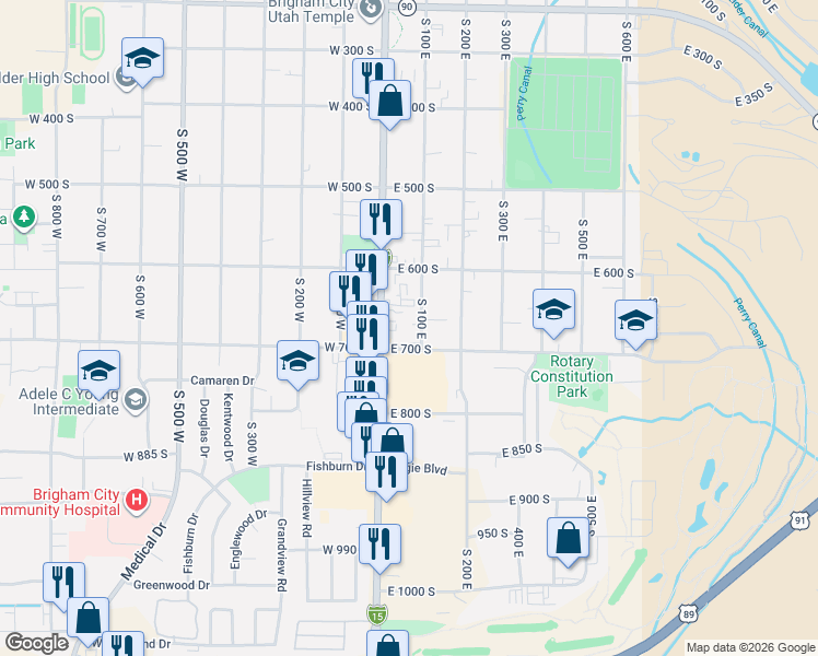 map of restaurants, bars, coffee shops, grocery stores, and more near 21 East 700 South in Brigham City
