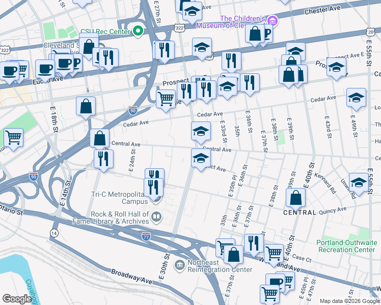 map of restaurants, bars, coffee shops, grocery stores, and more near 2916 Central Avenue in Cleveland