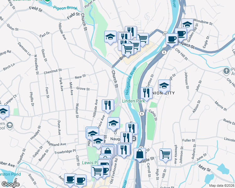map of restaurants, bars, coffee shops, grocery stores, and more near 120 Salem Street in Naugatuck