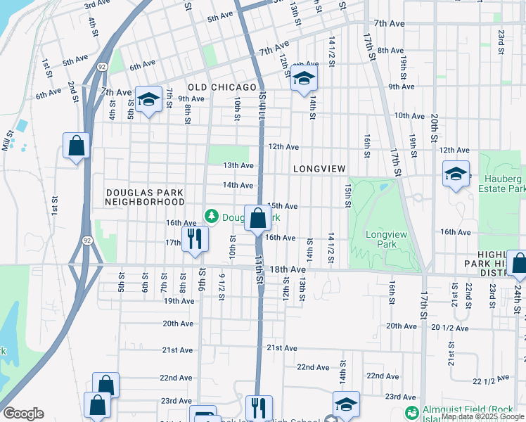 map of restaurants, bars, coffee shops, grocery stores, and more near 1507 11th Street in Rock Island