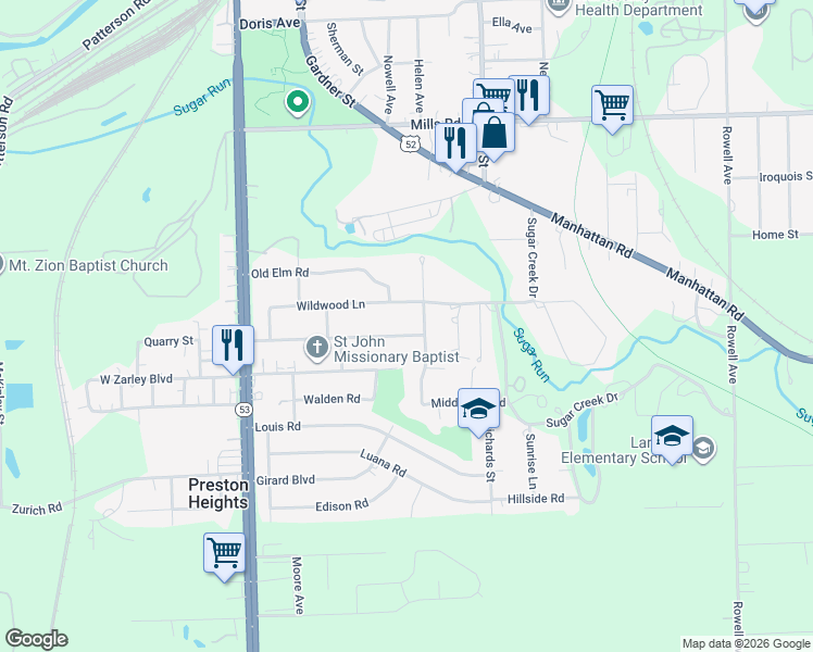 map of restaurants, bars, coffee shops, grocery stores, and more near 212 Red Bud Drive in Joliet