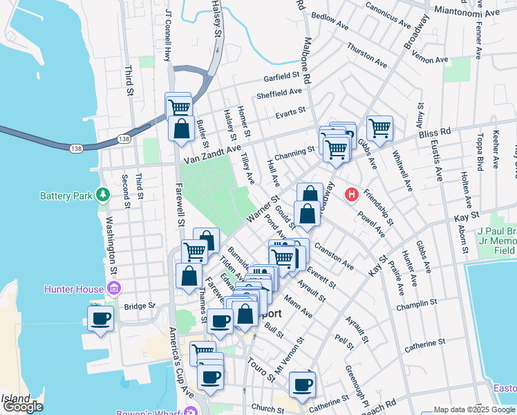 map of restaurants, bars, coffee shops, grocery stores, and more near 32 Pond Avenue in Newport