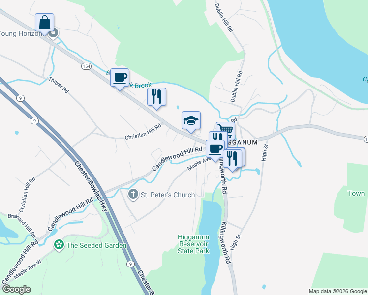 map of restaurants, bars, coffee shops, grocery stores, and more near 11 Candlewood Hill Road in Haddam