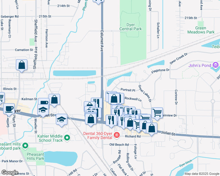 map of restaurants, bars, coffee shops, grocery stores, and more near 813 Flagstone Drive in Dyer