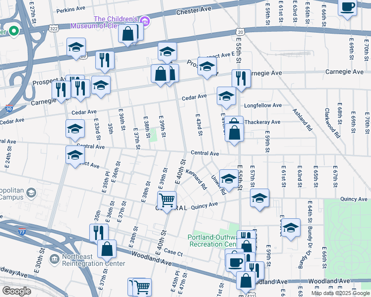 map of restaurants, bars, coffee shops, grocery stores, and more near 2261 East 40th Street in Cleveland