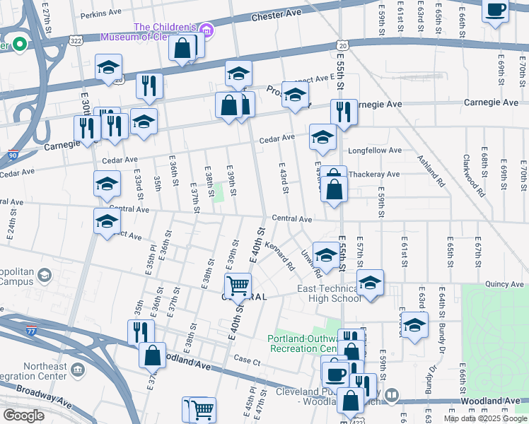map of restaurants, bars, coffee shops, grocery stores, and more near 2261 East 40th Street in Cleveland
