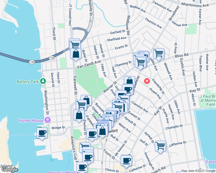 map of restaurants, bars, coffee shops, grocery stores, and more near 32 Pond Avenue in Newport