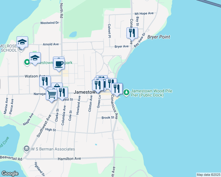 map of restaurants, bars, coffee shops, grocery stores, and more near 9 Ferry Street in Jamestown