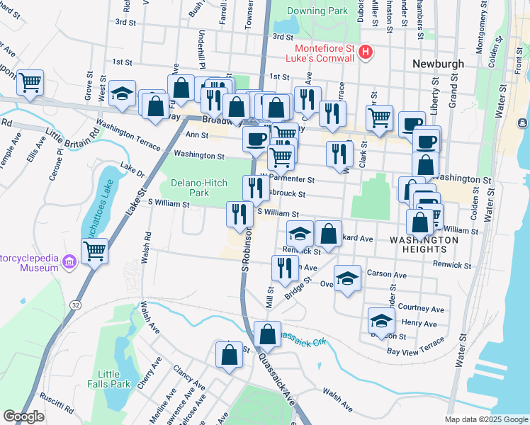 map of restaurants, bars, coffee shops, grocery stores, and more near 110 Mill Street in Newburgh