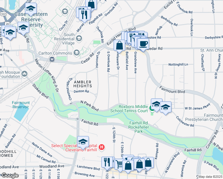 map of restaurants, bars, coffee shops, grocery stores, and more near 2339 South Overlook Road in Cleveland Heights