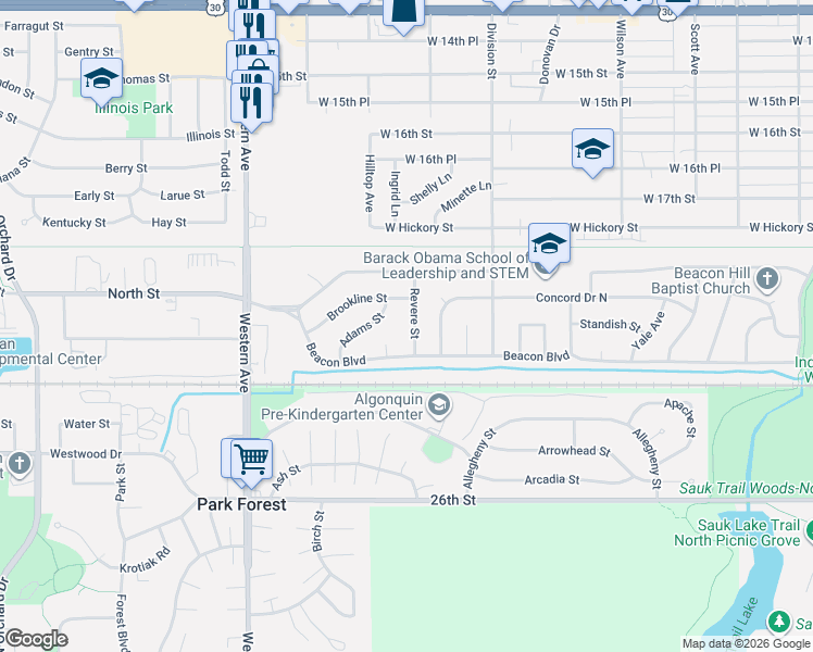 map of restaurants, bars, coffee shops, grocery stores, and more near 1955 Revere Street in Chicago Heights