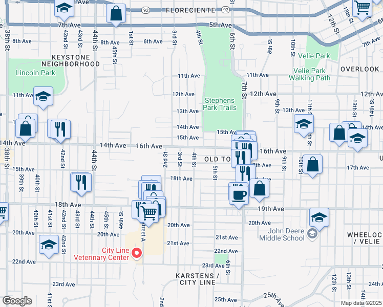map of restaurants, bars, coffee shops, grocery stores, and more near 316 17th Avenue in Moline