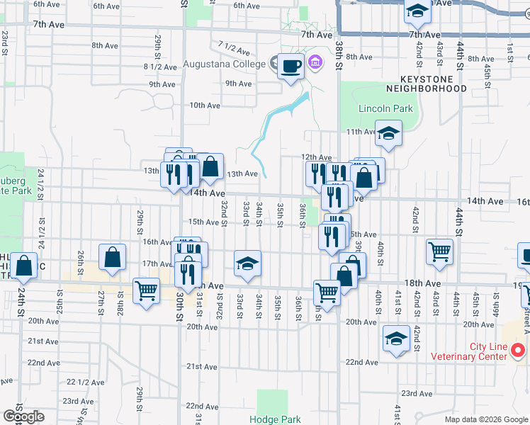map of restaurants, bars, coffee shops, grocery stores, and more near 1521 34th Street in Rock Island