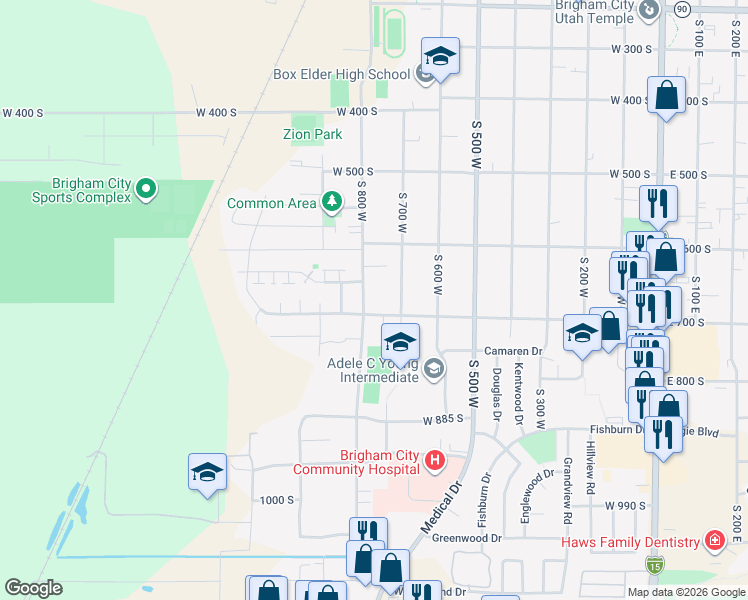 map of restaurants, bars, coffee shops, grocery stores, and more near 708 South 700 West in Brigham City