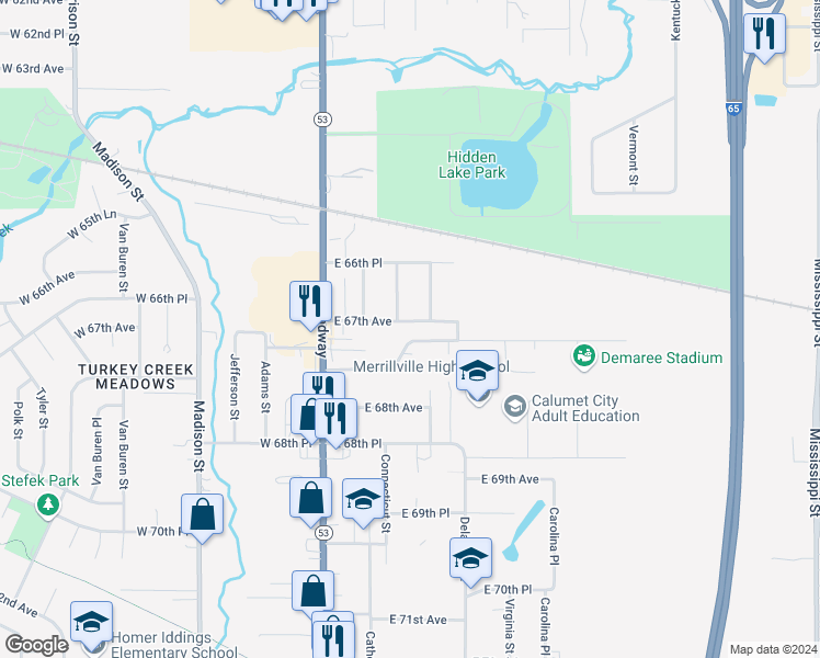 map of restaurants, bars, coffee shops, grocery stores, and more near 59 East 67th Avenue in Merrillville