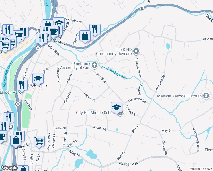 map of restaurants, bars, coffee shops, grocery stores, and more near 193 Morris Street in Naugatuck