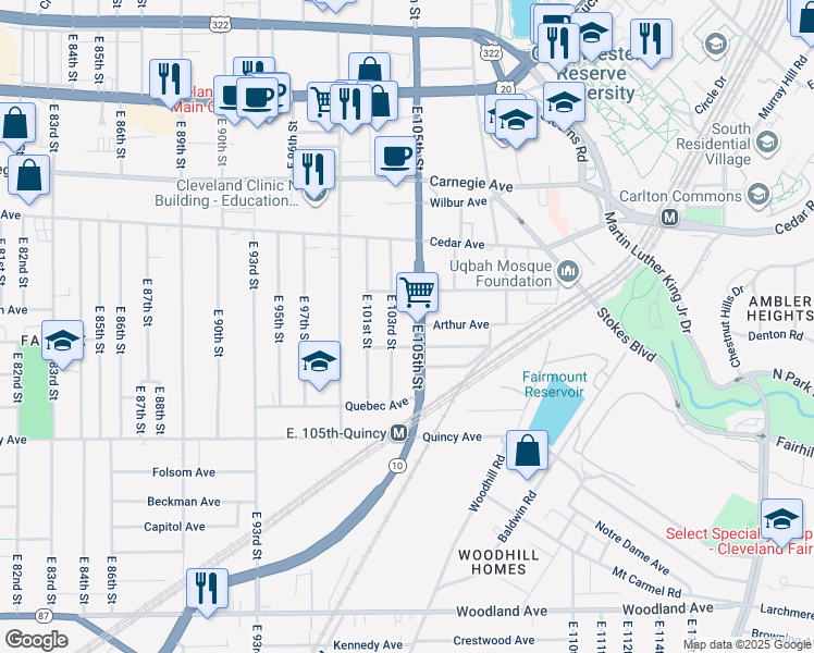 map of restaurants, bars, coffee shops, grocery stores, and more near 2260 East 105th Street in Cleveland