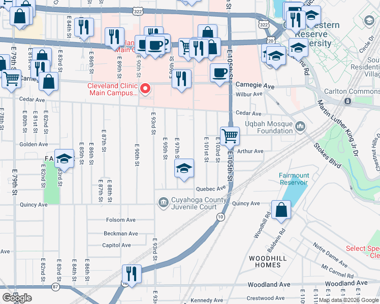 map of restaurants, bars, coffee shops, grocery stores, and more near 2283 East 100th Street in Cleveland