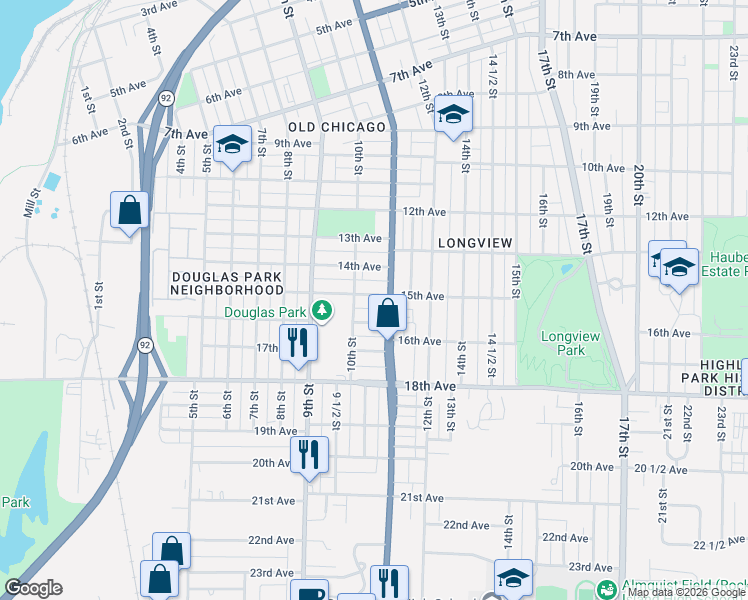 map of restaurants, bars, coffee shops, grocery stores, and more near 1022 15th Avenue in Rock Island