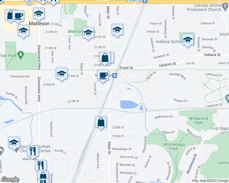 map of restaurants, bars, coffee shops, grocery stores, and more near 21611 Main Street in Matteson