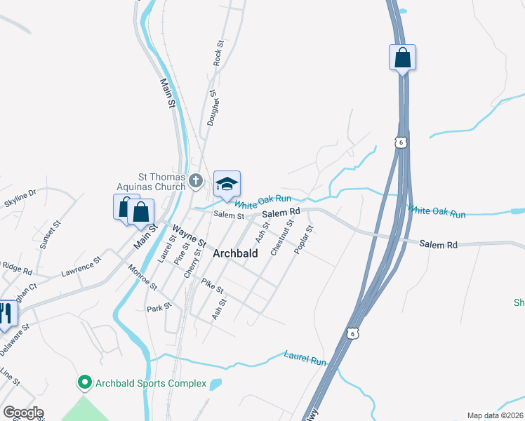 map of restaurants, bars, coffee shops, grocery stores, and more near 430 Salem Street in Archbald