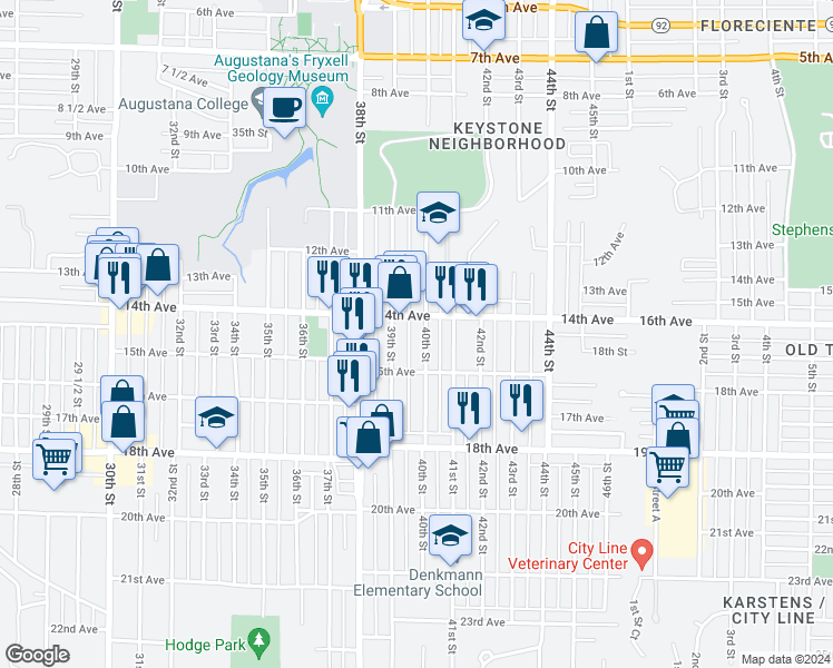 map of restaurants, bars, coffee shops, grocery stores, and more near 1410 40th Street in Rock Island