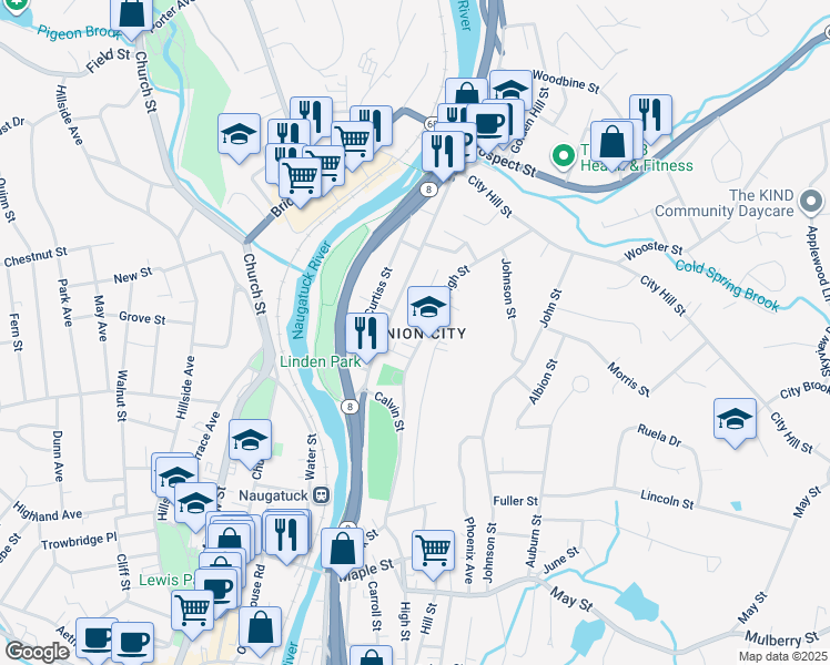 map of restaurants, bars, coffee shops, grocery stores, and more near 580 High Street in Naugatuck