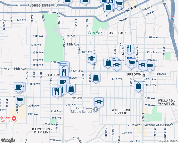 map of restaurants, bars, coffee shops, grocery stores, and more near 1421 10th Street in East Moline