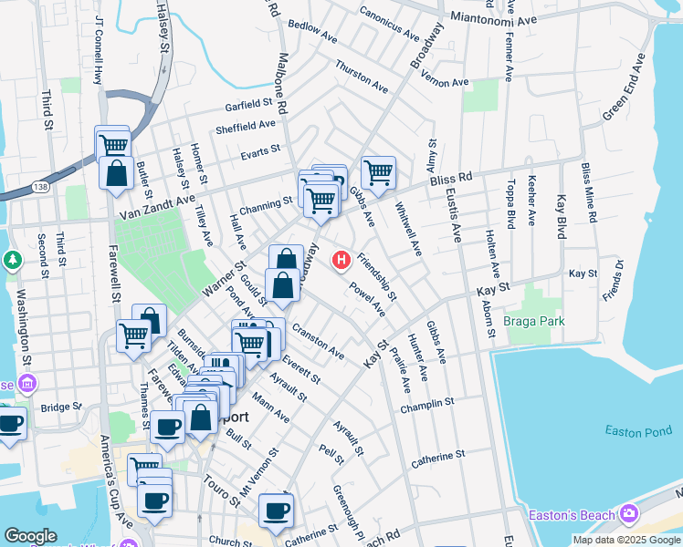 map of restaurants, bars, coffee shops, grocery stores, and more near 20 Powel Avenue in Newport
