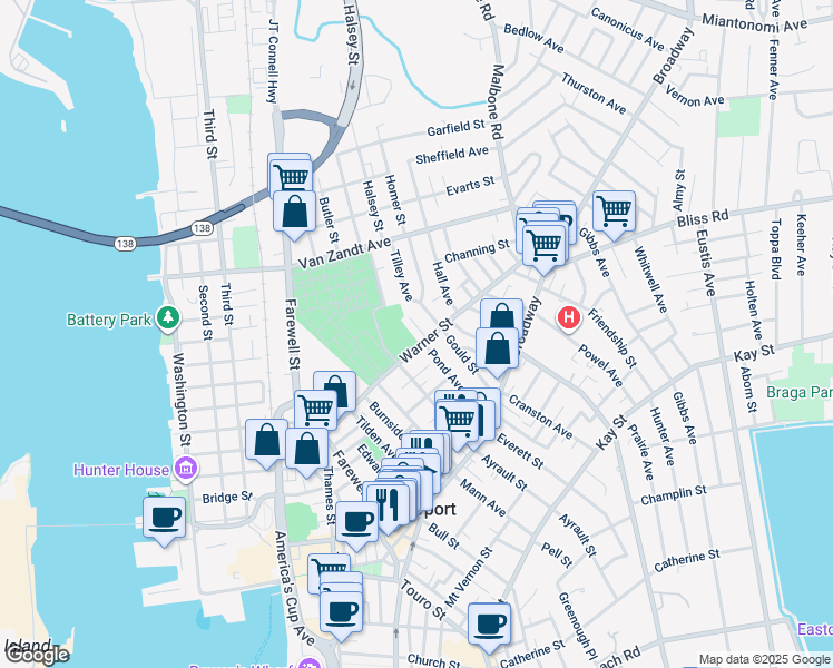 map of restaurants, bars, coffee shops, grocery stores, and more near 53 Gould Street in Newport