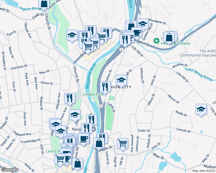 map of restaurants, bars, coffee shops, grocery stores, and more near 240 North Main Street in Naugatuck
