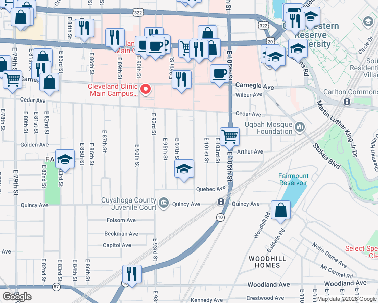 map of restaurants, bars, coffee shops, grocery stores, and more near 2223 East 100th Street in Cleveland