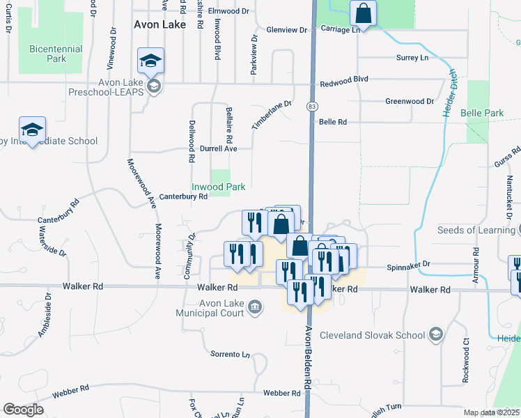 map of restaurants, bars, coffee shops, grocery stores, and more near 375 Timberlane Drive in Avon Lake