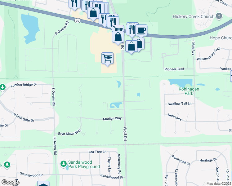 map of restaurants, bars, coffee shops, grocery stores, and more near 21536 Wolf Road in Mokena