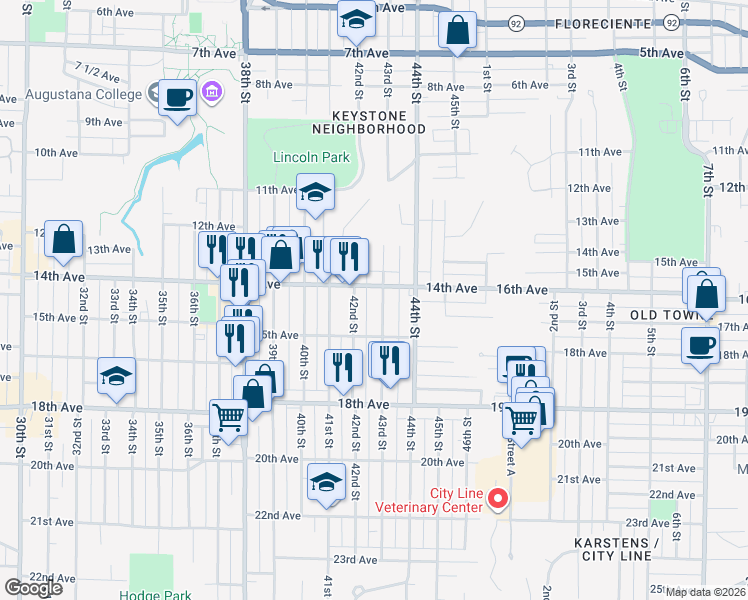 map of restaurants, bars, coffee shops, grocery stores, and more near 4301 14th Avenue in Rock Island
