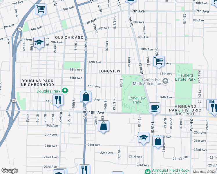 map of restaurants, bars, coffee shops, grocery stores, and more near 1323 14th St in Rock Island