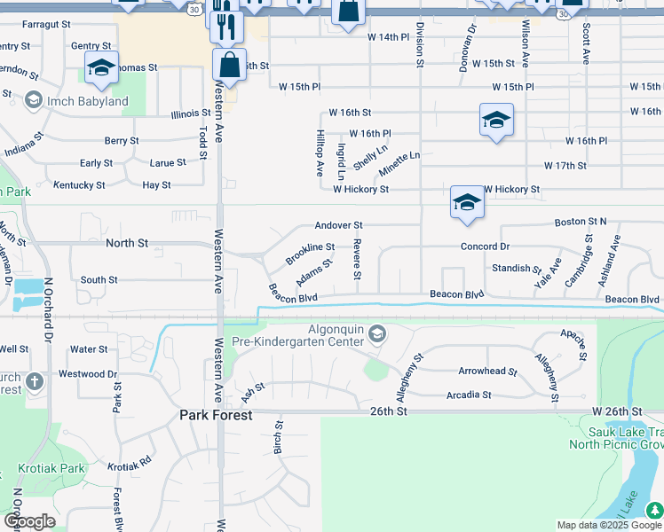 map of restaurants, bars, coffee shops, grocery stores, and more near 1918 Adams Street in Chicago Heights