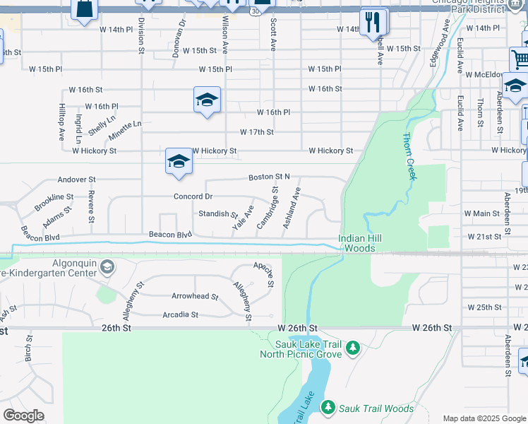 map of restaurants, bars, coffee shops, grocery stores, and more near 1936 Cambridge Street in Chicago Heights