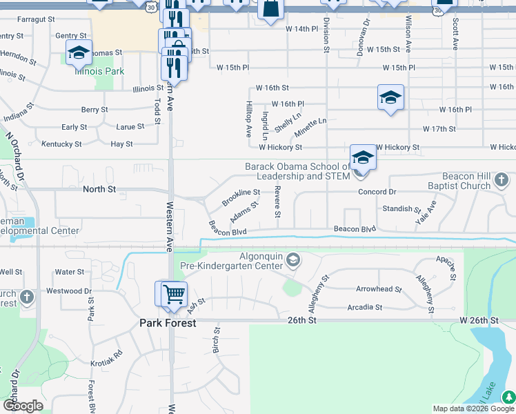 map of restaurants, bars, coffee shops, grocery stores, and more near 1918 Adams Street in Chicago Heights