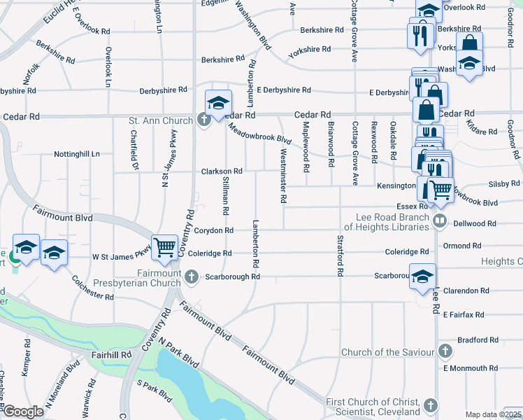 map of restaurants, bars, coffee shops, grocery stores, and more near 2281 Lamberton Road in Cleveland Heights