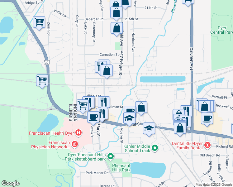 map of restaurants, bars, coffee shops, grocery stores, and more near 246 Indiana Street in Dyer